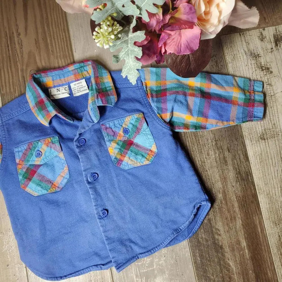 INC Boys Blue and Rainbow Plaid Button Down Shirt Size 12m 100% Cotton - Picture 6 of 9